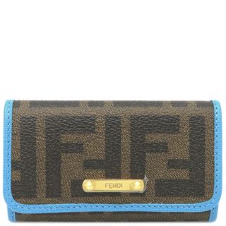 フェンディ(FENDI)のフェンディ FENDI キーケース ズッカ 6連 キャンバス レザー ブラウン×青 ゴールド金具 茶  8AP079【中古】(キーケース/名刺入れ)