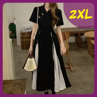 2XL ロングワンピース チャイナ服　チャイナドレス　半袖 バイカラーフレア 黒(ロングワンピース/マキシワンピース)