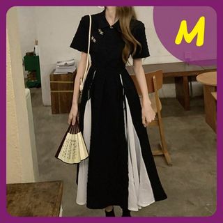 M ロングワンピース チャイナ服　チャイナドレス　半袖 バイカラー　フレア 黒(ロングワンピース/マキシワンピース)