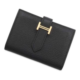 エルメス(Hermes)のエルメス カードケース ベアン ミニ ブラック/ピンクゴールド金具 シェブルミゾル Z刻印 財布 黒(パスケース/IDカードホルダー)