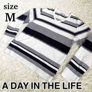 アデイインザライフ(a day in the life)のユナイテッドアローズ　長袖　ボーダー　M　Vネック　コットン　白　紺(Tシャツ/カットソー(七分/長袖))