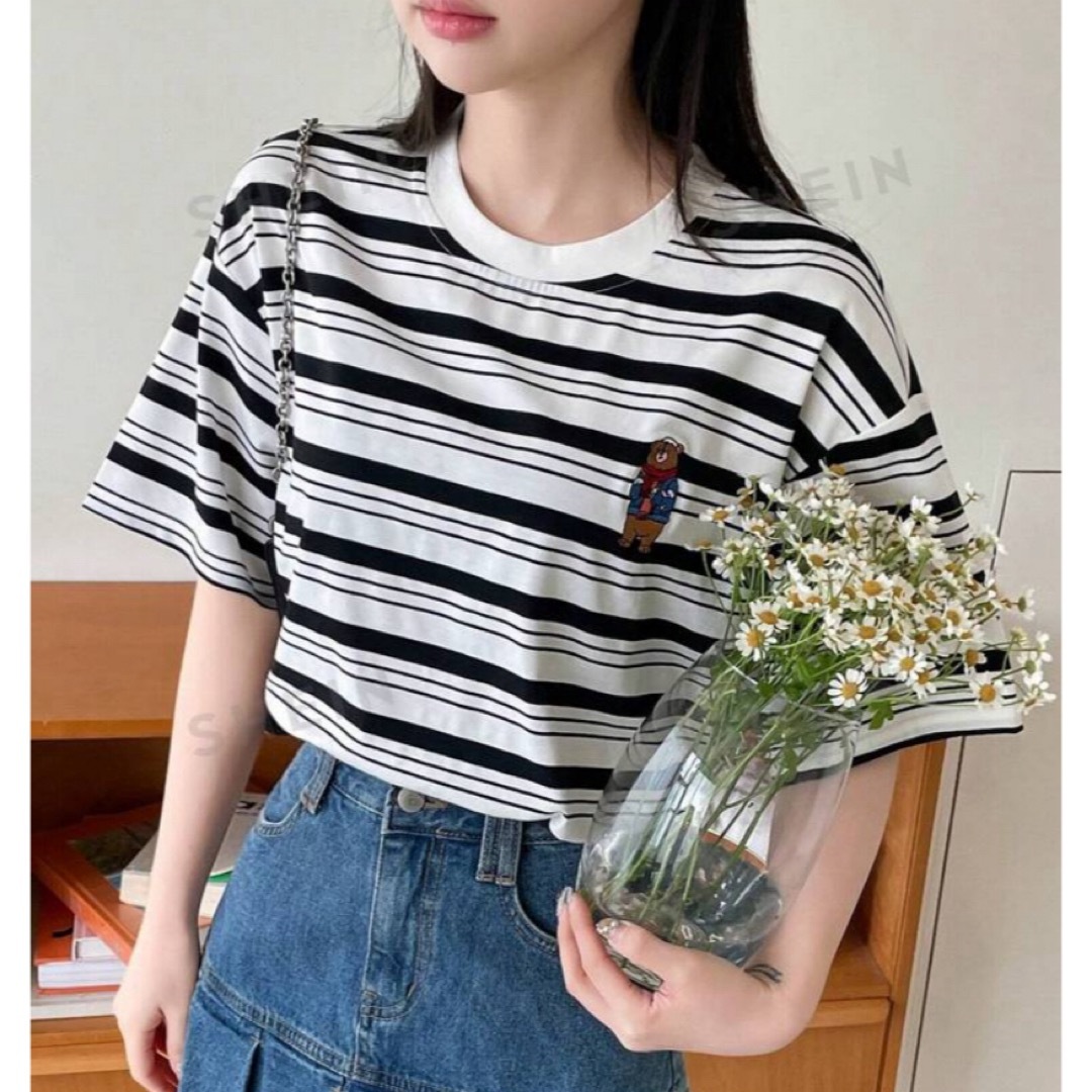 SHEIN(シーイン)のSHEIN/シーイン ラウンドネック ドロップショルダー半袖TシャツSサイズ新品 レディースのトップス(Tシャツ(半袖/袖なし))の商品写真