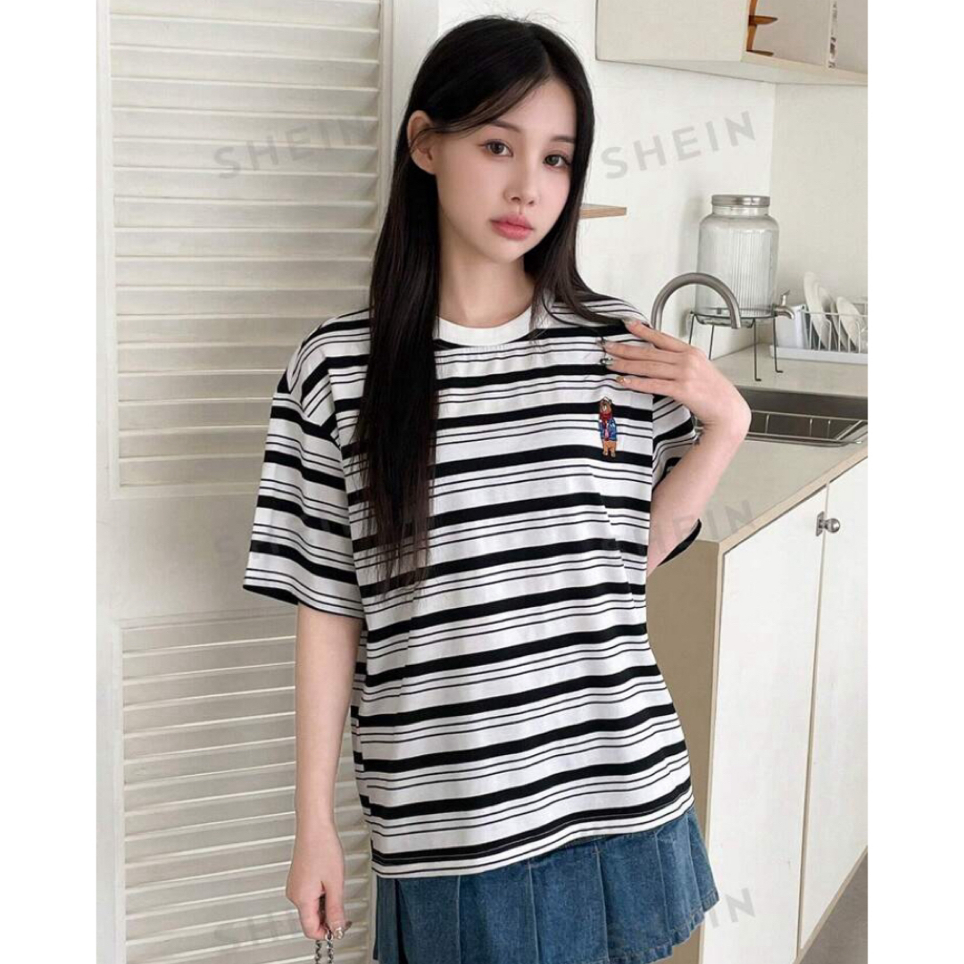 SHEIN(シーイン)のSHEIN/シーイン ラウンドネック ドロップショルダー半袖TシャツSサイズ新品 レディースのトップス(Tシャツ(半袖/袖なし))の商品写真