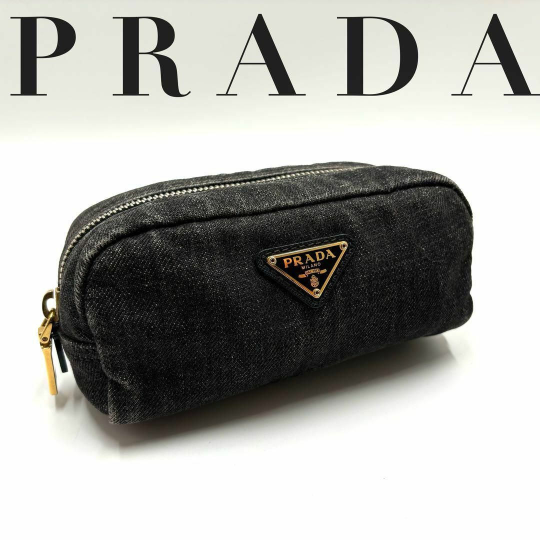 PRADA(プラダ)の✨大人気 美品✨プラダ デニム ポーチ バニティ 小物入れ 三角ロゴ ブラック レディースのファッション小物(ポーチ)の商品写真