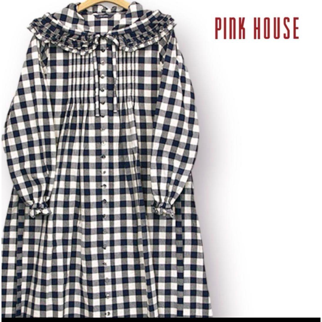 PINK HOUSE(ピンクハウス)の【希少】PINK HOUSE ブロックギンガムチェックワンピース 長袖 フリル レディースのワンピース(ロングワンピース/マキシワンピース)の商品写真