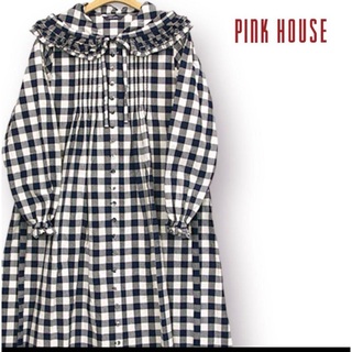PINK HOUSE - 【希少】PINK HOUSE ブロックギンガムチェックワンピース 長袖 フリル