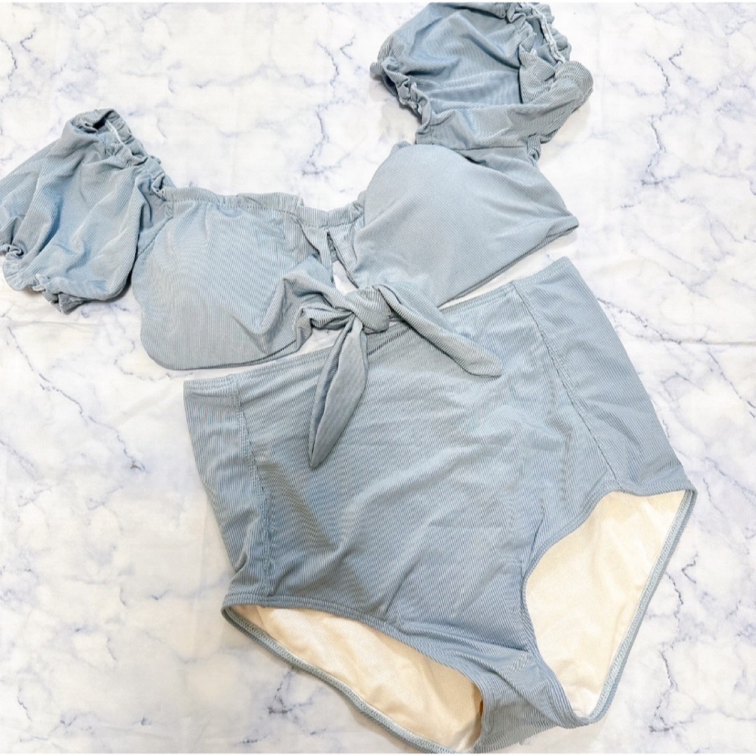 水着 レディース オフショル L ブルー  ビキニ  体系カバー ハイウェスト  レディースの水着/浴衣(水着)の商品写真