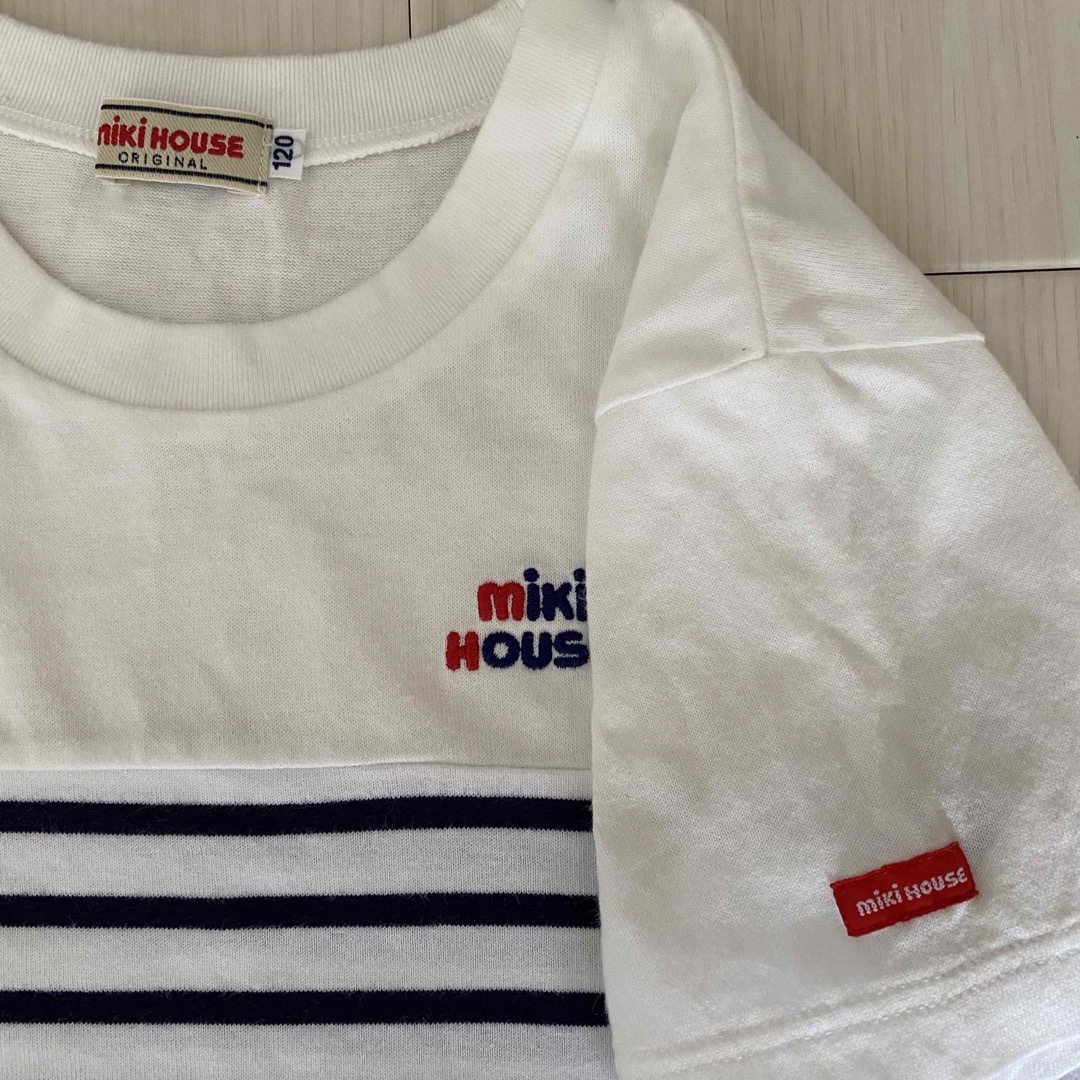 mikihouse(ミキハウス)の120 マリンボーダー切替Tシャツ　ミキハウス キッズ/ベビー/マタニティのキッズ服男の子用(90cm~)(Tシャツ/カットソー)の商品写真