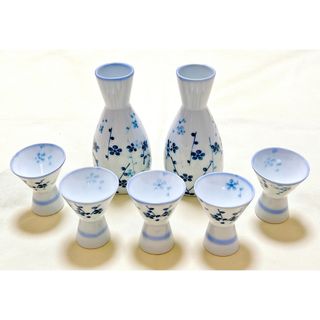 新品　陶磁器　肥前鳳山作　小梅画　徳利2本＆猪口5客　酒器セット(アルコールグッズ)