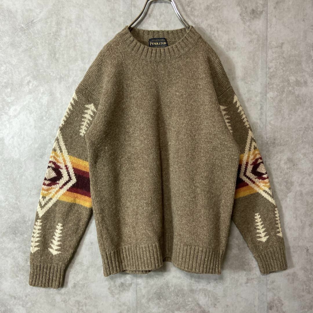 PENDLETON(ペンドルトン)の【ネイティブ柄デザイン、クルーネックニット】PENDLETON古着ウール茶M メンズのトップス(ニット/セーター)の商品写真