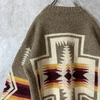 ペンドルトン(PENDLETON)の【ネイティブ柄デザイン、クルーネックニット】PENDLETON古着ウール茶M(ニット/セーター)