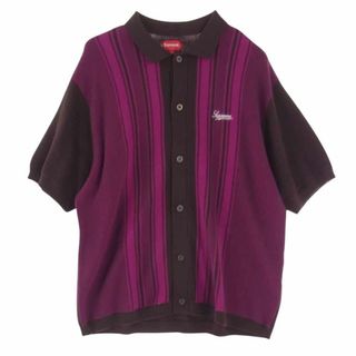 Supreme - Supreme シュプリーム ポロシャツ 22SS Stripe Button Up Polo ストライプ ボタン アップ ニット 半袖 ポロシャツ パープル系 L【極上美品】【中古】