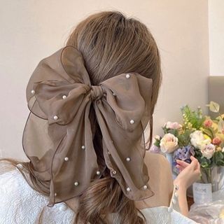 ♡数量限定♡りぼん バレッタ パール シフォン 大きめ パーティー 髪飾り(バレッタ/ヘアクリップ)