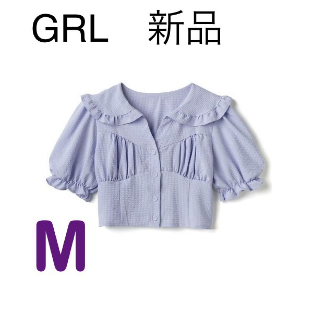 GRL(グレイル)の新品グレイルGRL可愛いフリルカラーショート丈ブラウス半袖M半袖サックス水色 レディースのトップス(シャツ/ブラウス(半袖/袖なし))の商品写真