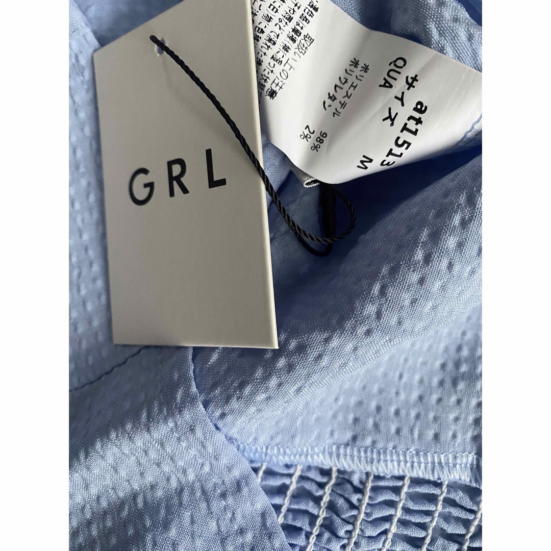 GRL(グレイル)の新品グレイルGRL可愛いフリルカラーショート丈ブラウス半袖M半袖サックス水色 レディースのトップス(シャツ/ブラウス(半袖/袖なし))の商品写真