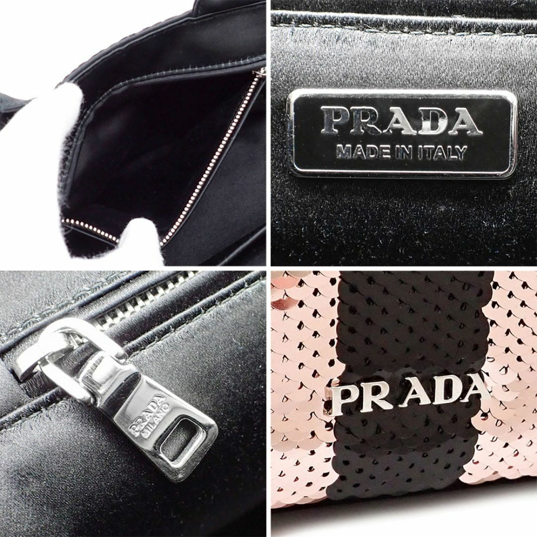 PRADA(プラダ)の未使用品 プラダ カナパ ミニ ハンドバッグ ショルダーバッグ 2way 1BA038 サテン スパンコール ブラック ピンク系 シルバー金 レディースのバッグ(ハンドバッグ)の商品写真