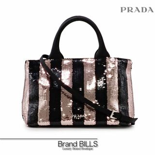 プラダ(PRADA)の未使用品 プラダ カナパ ミニ ハンドバッグ ショルダーバッグ 2way 1BA038 サテン スパンコール ブラック ピンク系 シルバー金(ハンドバッグ)