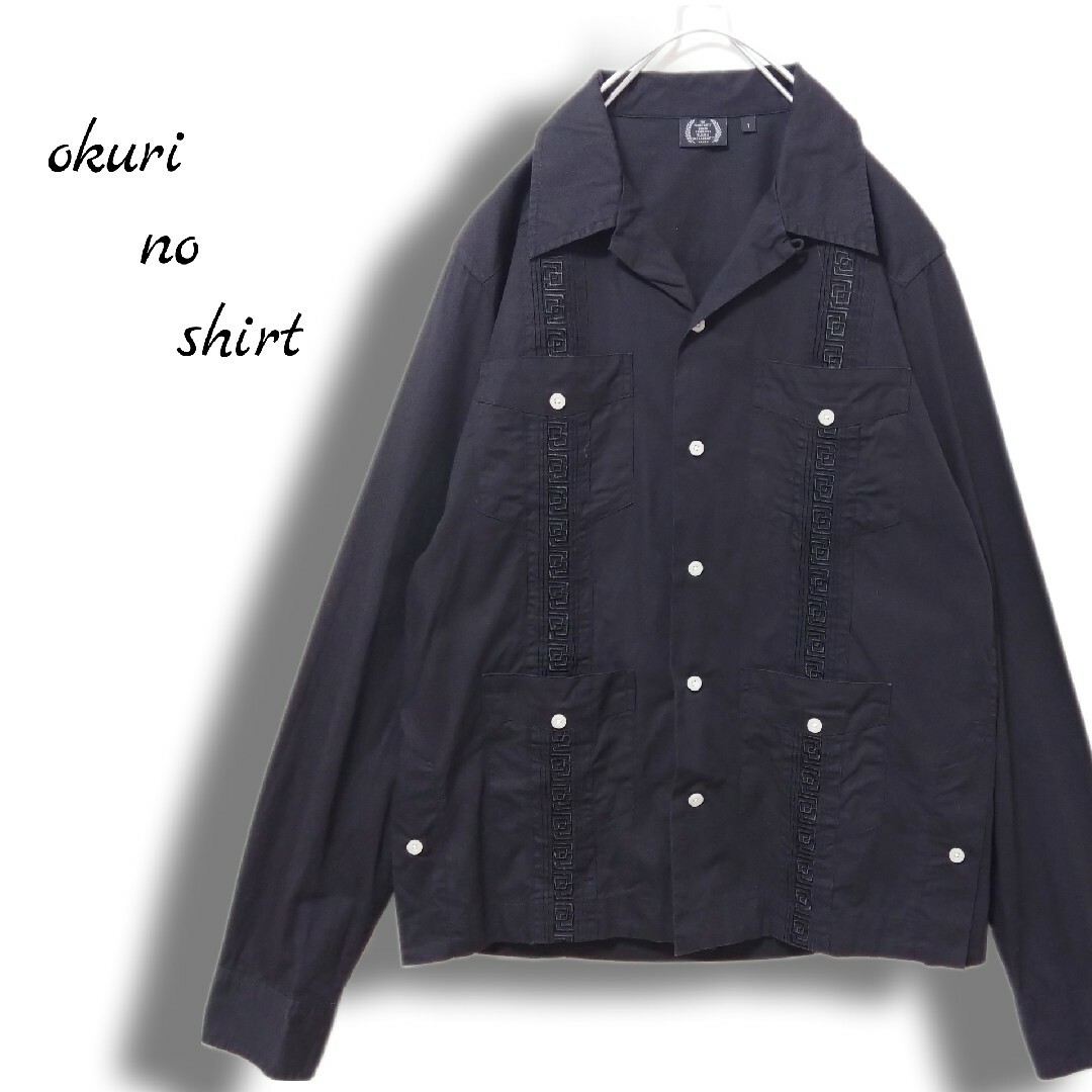 430(フォーサーティ)のシャツ　メンズ　古着　長袖　キューバシャツ　ブラック　オープンカラー　Mサイズ メンズのトップス(シャツ)の商品写真