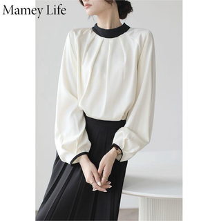 Mamey Life ニッチで優しい気質、リボンシルクシャツ、プルオーバートップ(Tシャツ(半袖/袖なし))