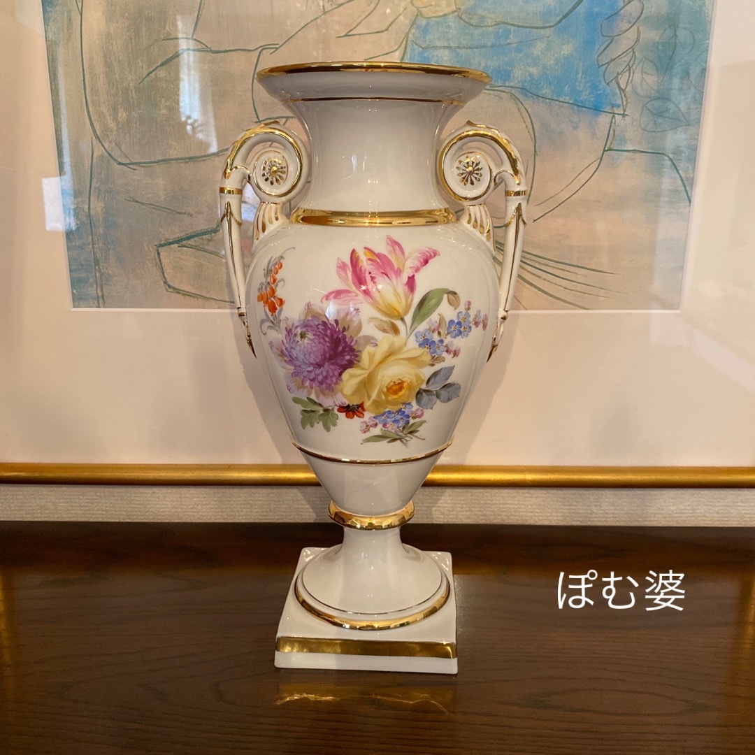 MEISSEN(マイセン)の★御専用【古マイセン】花瓶 手付花瓶／白地 両面描画「ダブル フラワーブーケ」 インテリア/住まい/日用品のインテリア小物(花瓶)の商品写真