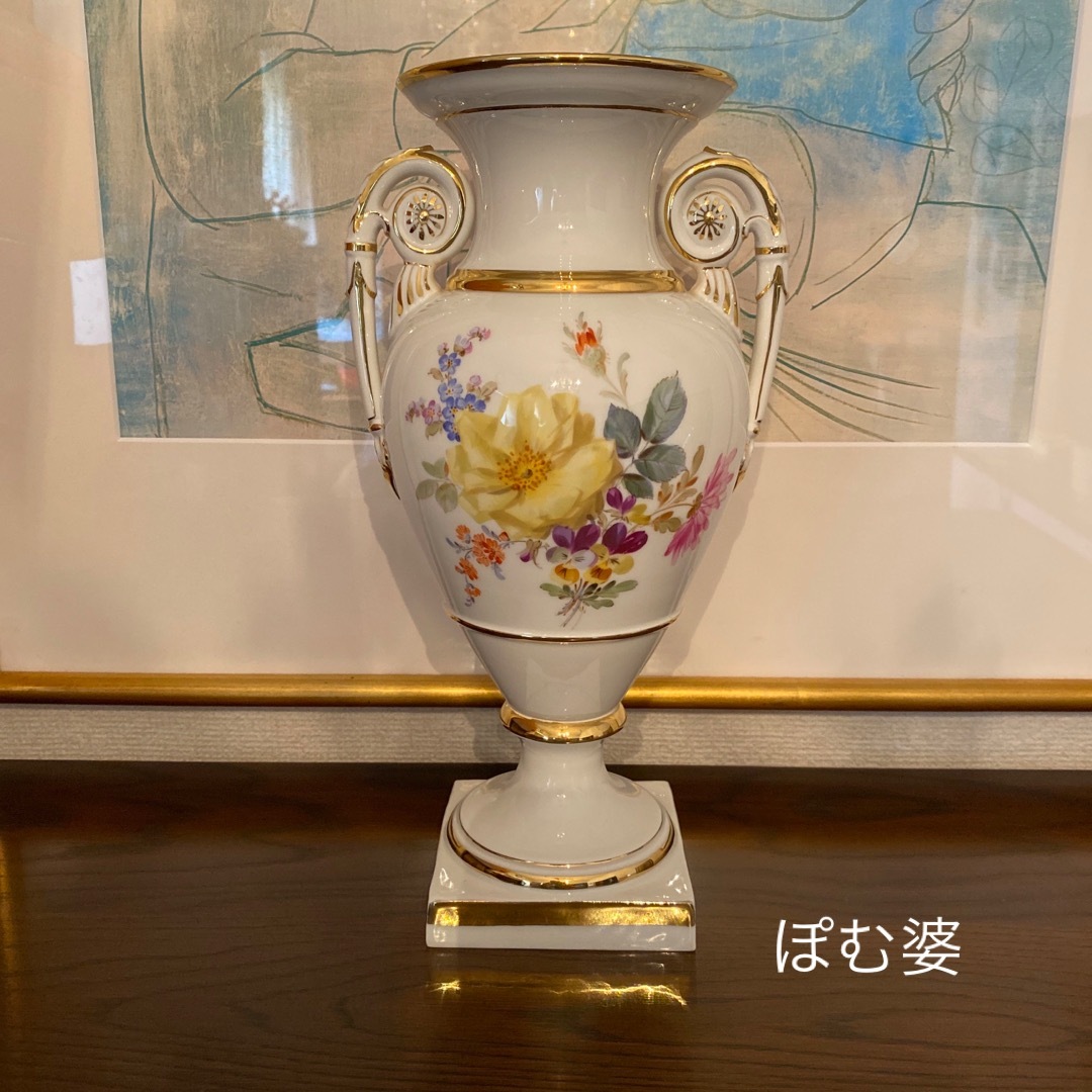 MEISSEN(マイセン)の★御専用【古マイセン】花瓶 手付花瓶／白地 両面描画「ダブル フラワーブーケ」 インテリア/住まい/日用品のインテリア小物(花瓶)の商品写真