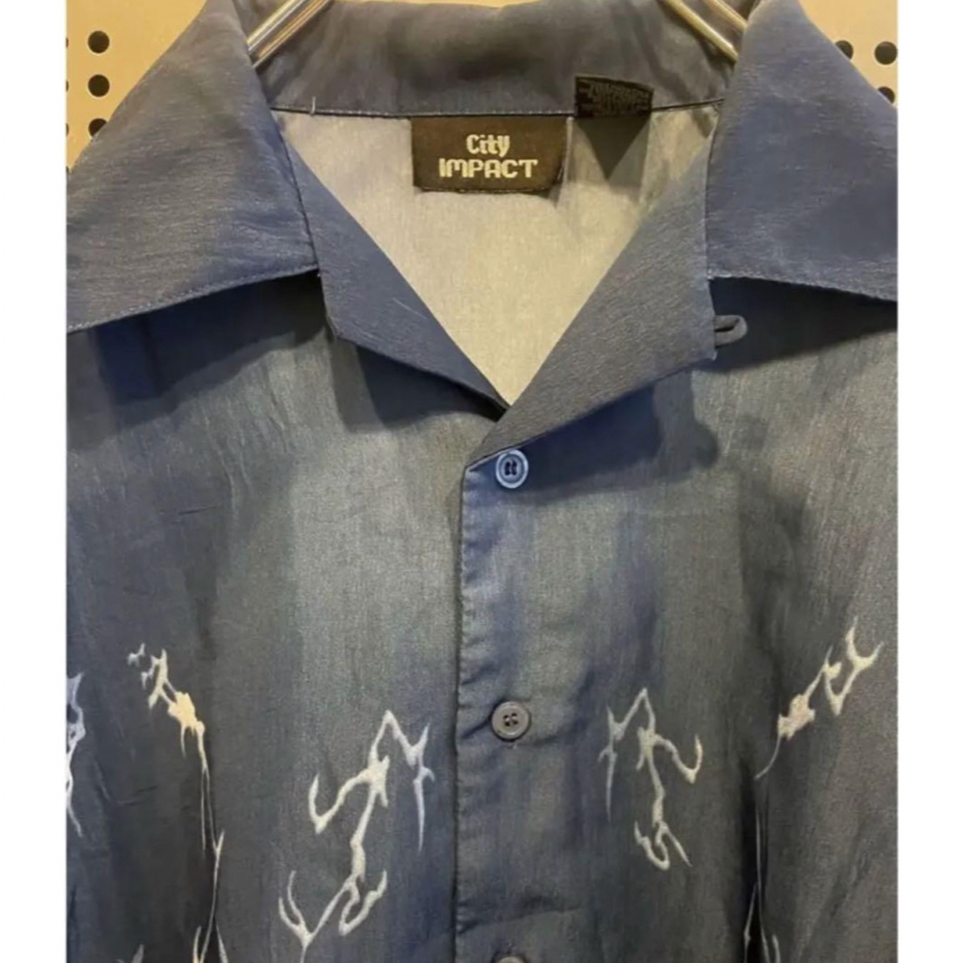古着　ヴィンテージ　シャツ　ポリシャツ　柄シャツ　ファイヤーパターン　スカル メンズのトップス(シャツ)の商品写真