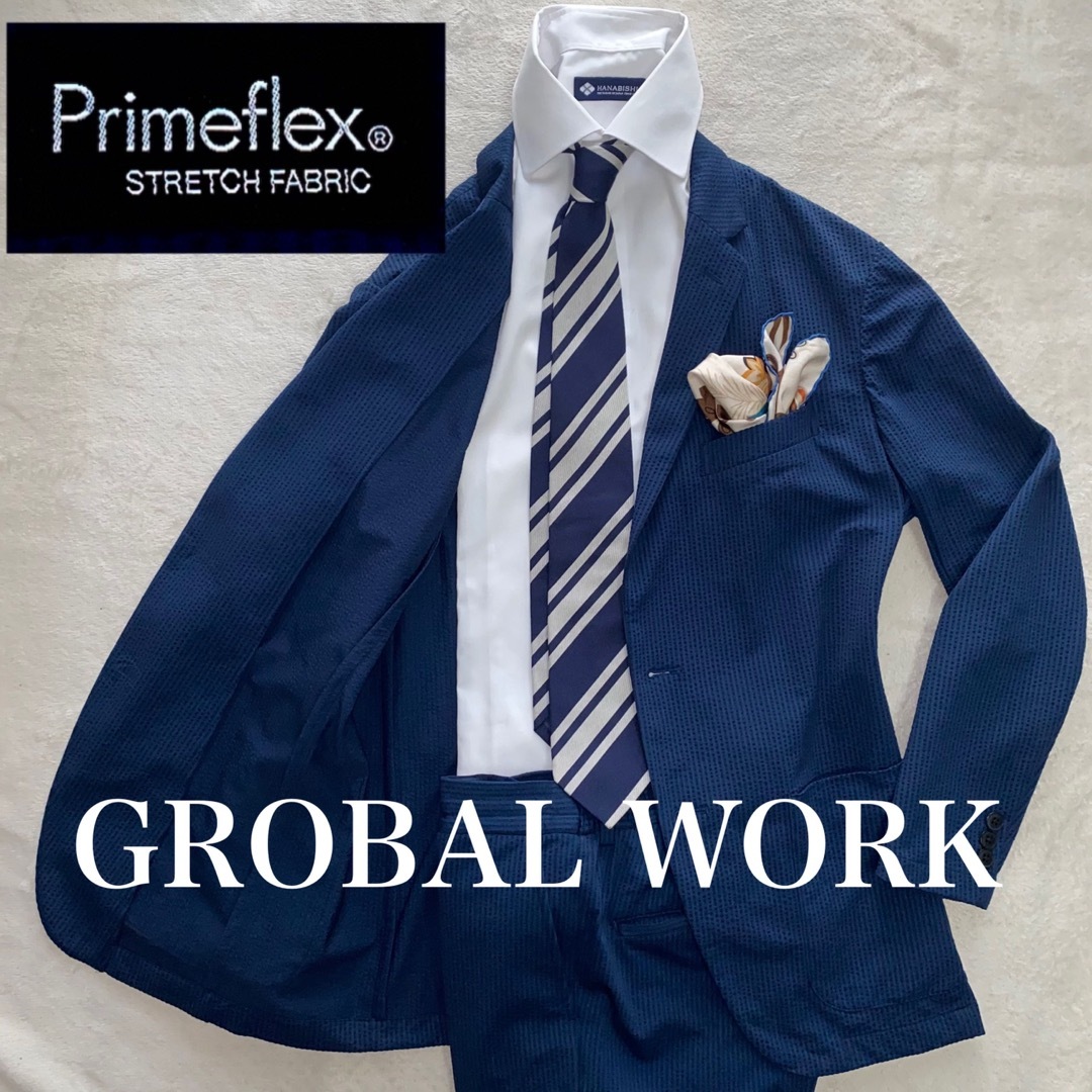 GLOBAL WORK(グローバルワーク)のGLOBAL WORK 美品M シアサッカー　ストレッチ・家洗い可　オンオフ兼用 メンズのスーツ(セットアップ)の商品写真