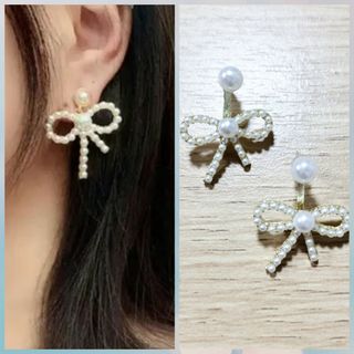 2601 2way パール リボン ピアス ゴールド シルバー 2way パ(ピアス)