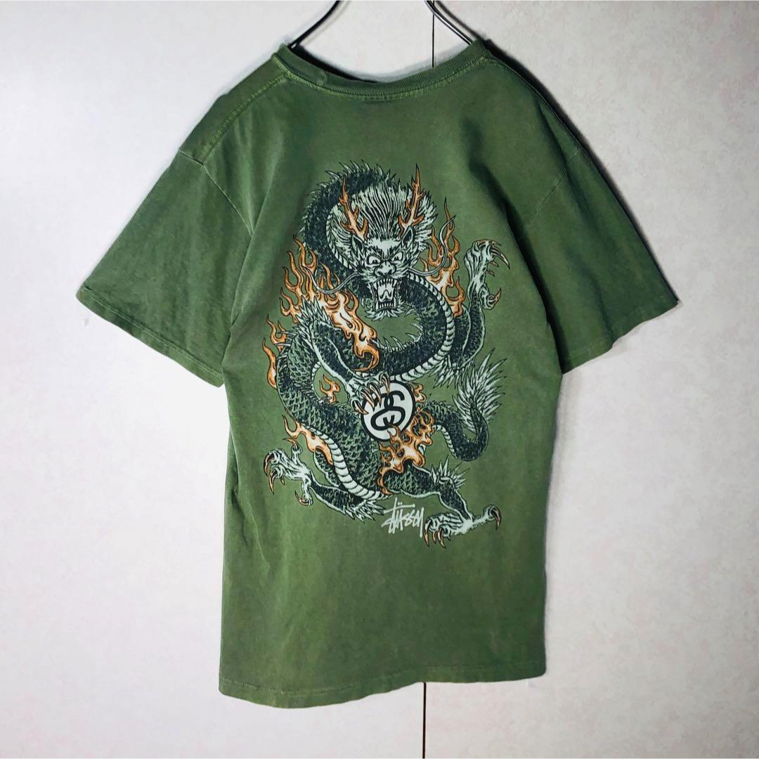 STUSSY(ステューシー)の【激レア】ステューシー ドラゴン バックビックロゴ プリント Tシャツ グリーン メンズのトップス(Tシャツ/カットソー(半袖/袖なし))の商品写真