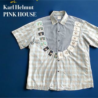 Karl Helmut - カールヘルム 半袖シャツ チェック柄 ワッペン 希少デザイン くすみブルー