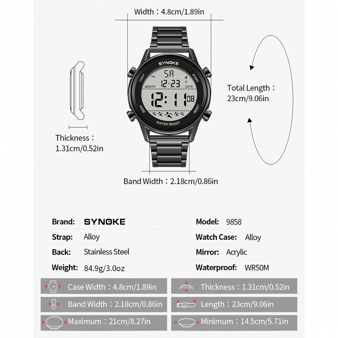 新品 SYNOKEスポーツデジタル ストップウォッチ メンズ腕時計メタルブラック メンズの時計(腕時計(デジタル))の商品写真