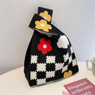 【ラスト1点❤️】トートバッグ ニット 韓国 可愛い お花 チェック 大容量 (トートバッグ)