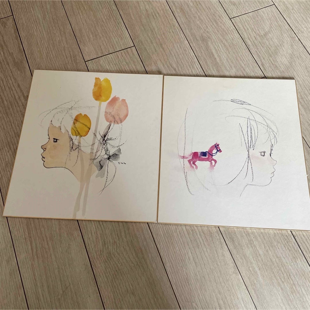 いわさきちひろ　2枚セット　色紙　アート エンタメ/ホビーの美術品/アンティーク(絵画/タペストリー)の商品写真