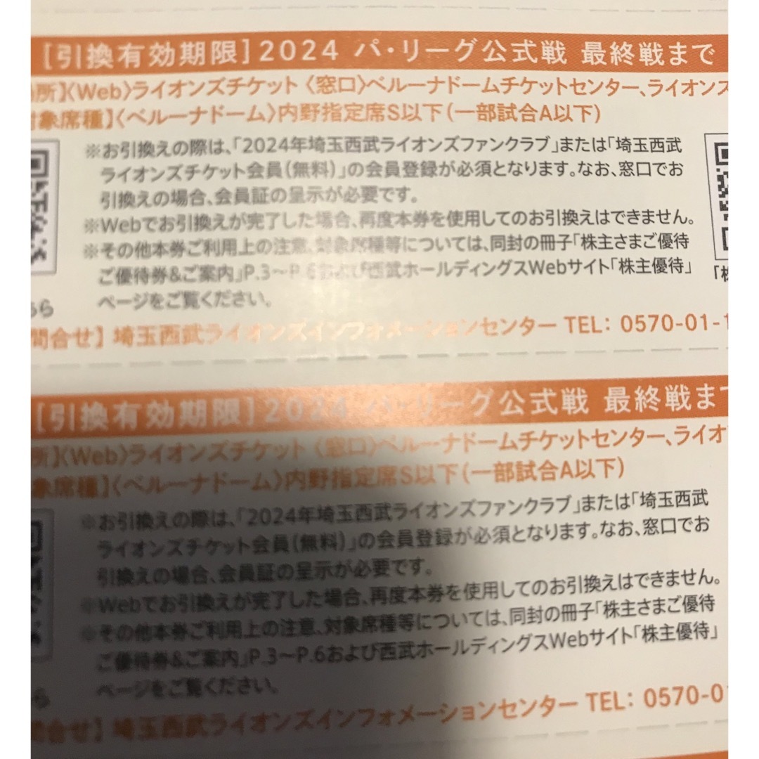 西武ホールディングス　株主さまご優待　内野指定席引換券5枚セット チケットのスポーツ(野球)の商品写真