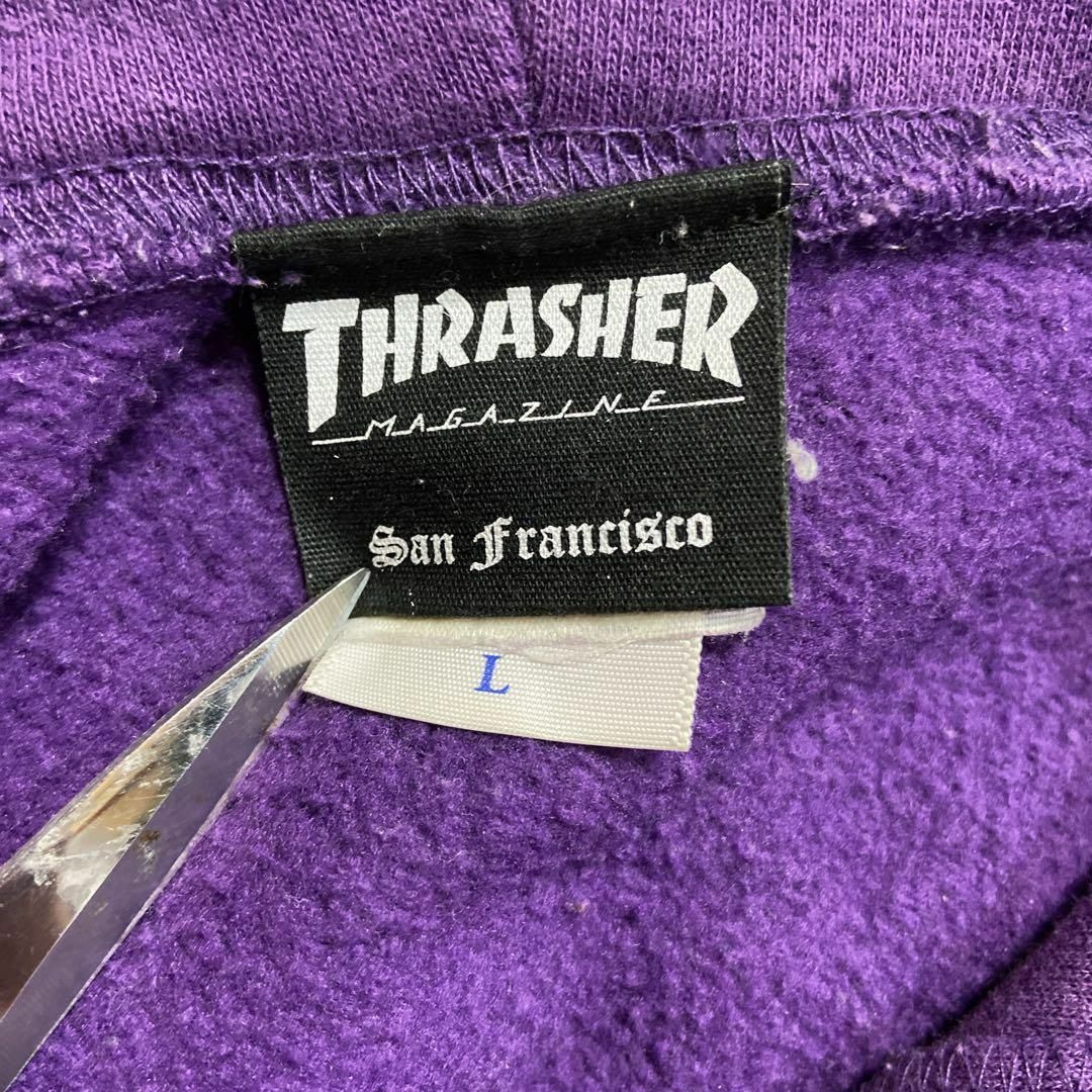 THRASHER(スラッシャー)の【パープル、ファイヤーパターン】THRASHERビックロゴパーカー古着sk8紫 メンズのトップス(パーカー)の商品写真