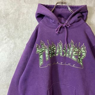 THRASHER - 【パープル、ファイヤーパターン】THRASHERビックロゴパーカー古着sk8紫