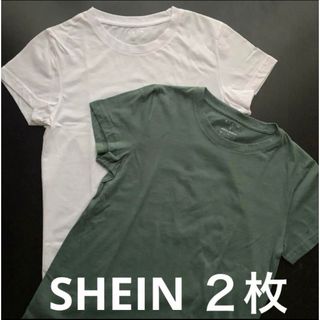 SHEIN シーン　半袖Tシャツ　2枚セット　ホワイト　グリーン　無地　綿シャツ(Tシャツ(半袖/袖なし))