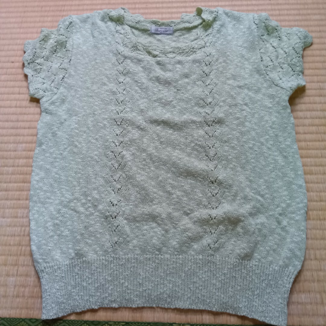 綿混　薄いグリーン編み込み半袖ニットM レディースのトップス(ニット/セーター)の商品写真