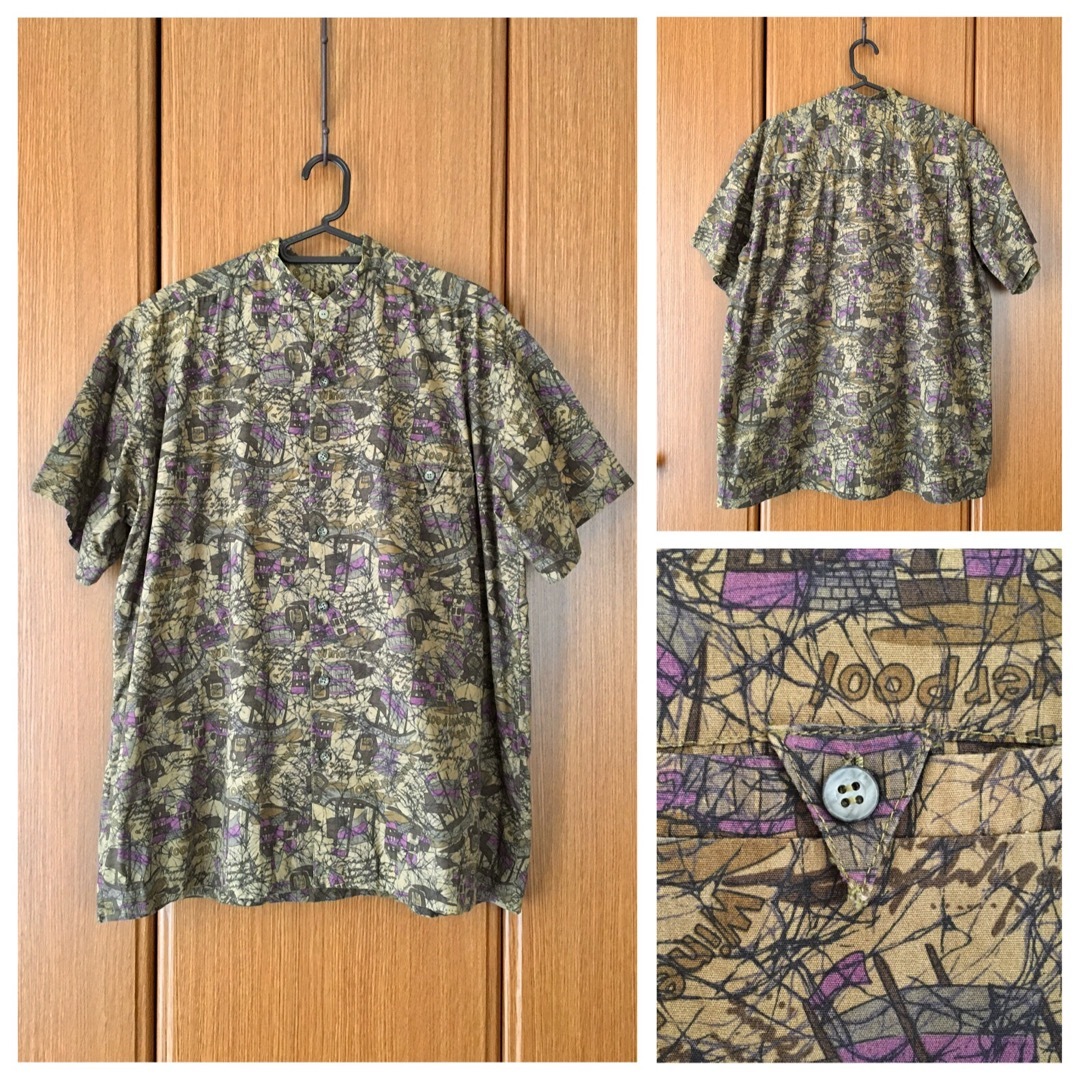 VINTAGE(ヴィンテージ)の希少 Vintage Wine Riverpool 総柄 バンドカラーシャツ レディースのトップス(シャツ/ブラウス(半袖/袖なし))の商品写真