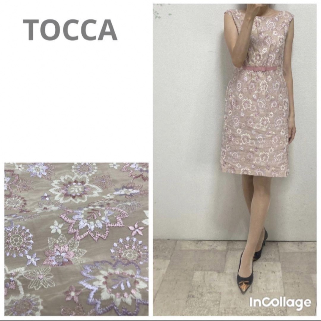 TOCCA(トッカ)のトッカTOCCA リボン付総刺繍花柄ワンピース0 ピンク　結婚式　パーティー レディースのワンピース(ひざ丈ワンピース)の商品写真