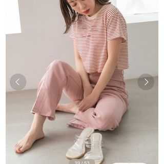 ヘザー(heather)のフロントロゴ半袖Tシャツ 赤 レッド F ボーダー柄 ヘザー Heather(Tシャツ(半袖/袖なし))