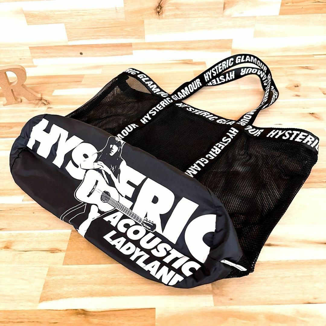 HYSTERIC GLAMOUR(ヒステリックグラマー)のレア【ヒステリックグラマー】ブランド ロゴ テープ メッシュ トートバッグ黒×白 メンズのバッグ(トートバッグ)の商品写真