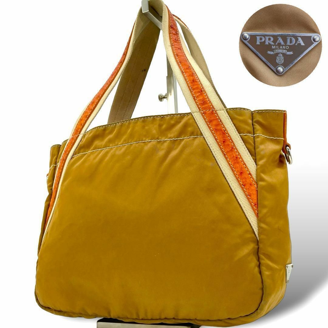PRADA(プラダ)のPRADA プラダ トートバッグ ハンドバッグ オーストリッチ 三角ロゴ カーキ レディースのバッグ(トートバッグ)の商品写真