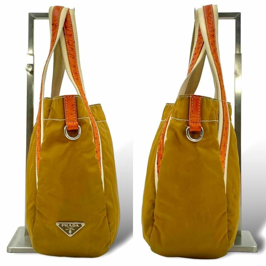 PRADA(プラダ)のPRADA プラダ トートバッグ ハンドバッグ オーストリッチ 三角ロゴ カーキ レディースのバッグ(トートバッグ)の商品写真