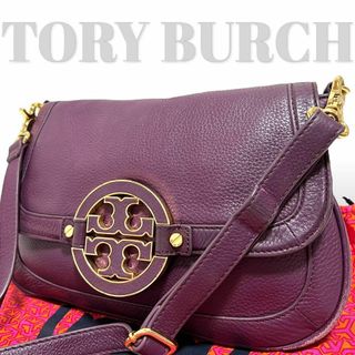 トリーバーチ(Tory Burch)の美品　トリーバーチ　ショルダーバッグ　アマンダ　レザー　ロゴ金具　紫　斜め掛け(ショルダーバッグ)