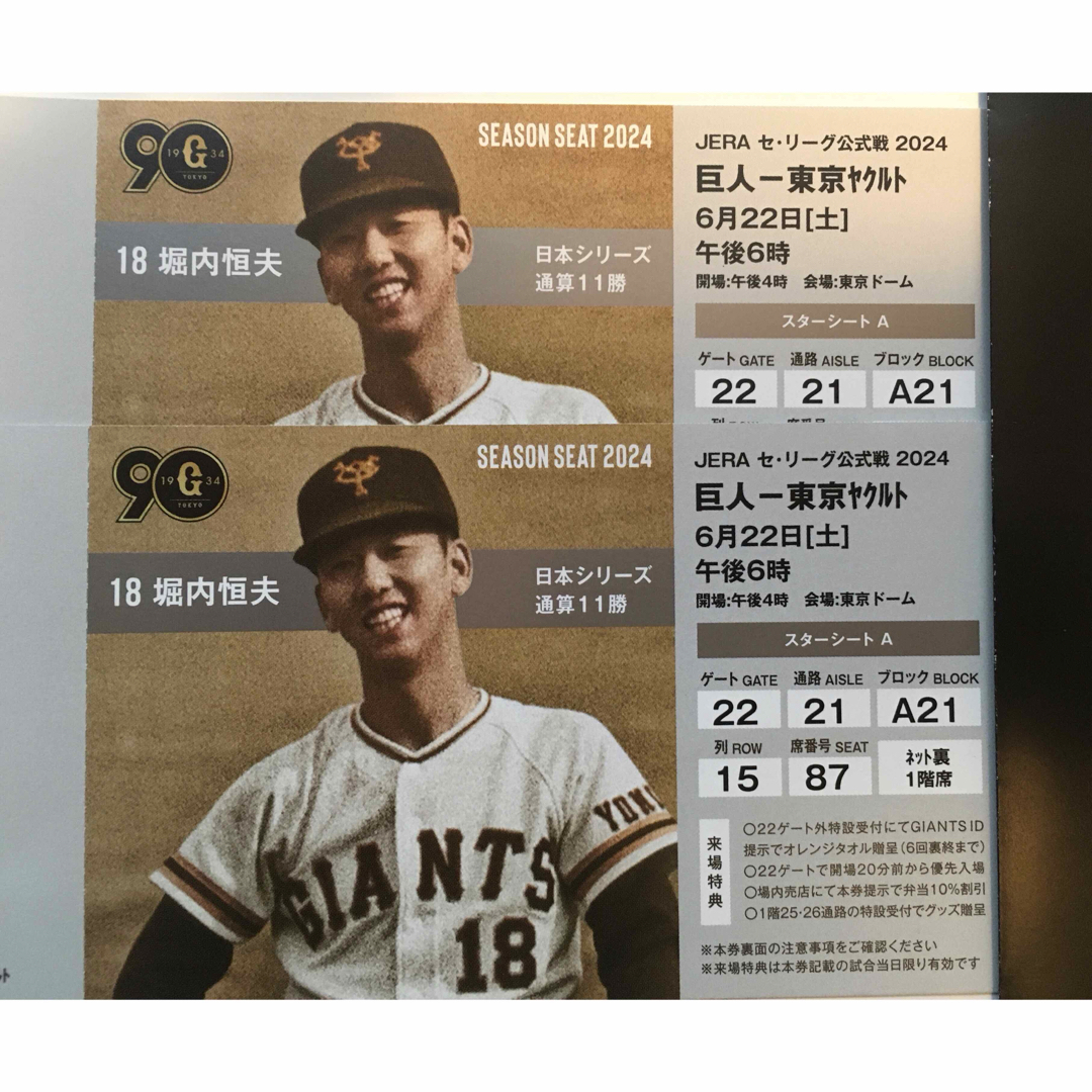 6.22 東京ドーム 巨人vs ヤクルト ネット裏 スターシートAペア 6.22 東京ドーム 巨人vs ヤクルト ネット裏 スターシートAペア