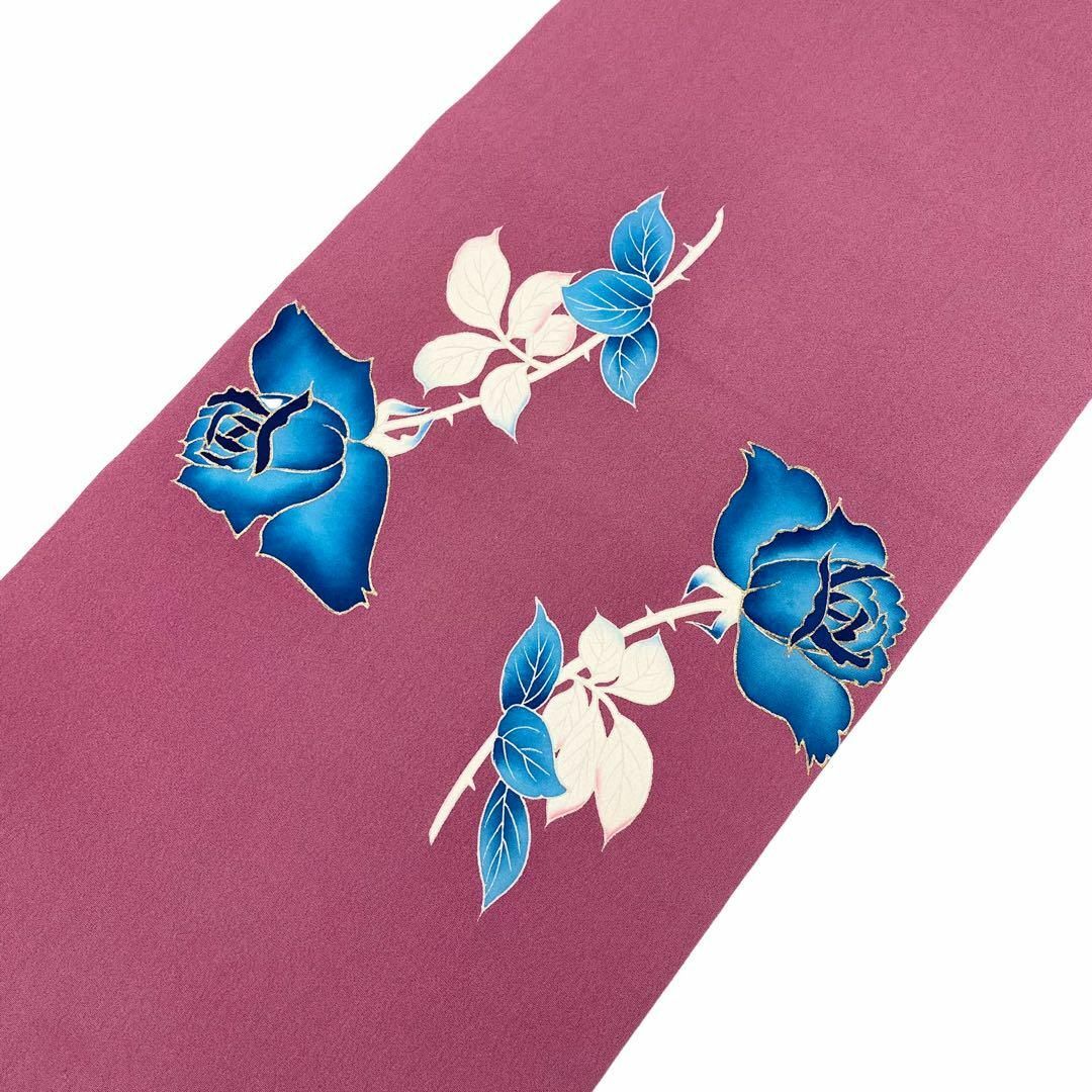 名古屋帯 美しい一輪の青い薔薇の花 縮緬 赤紫色 金彩 バラ RO-5428 レディースの水着/浴衣(着物)の商品写真