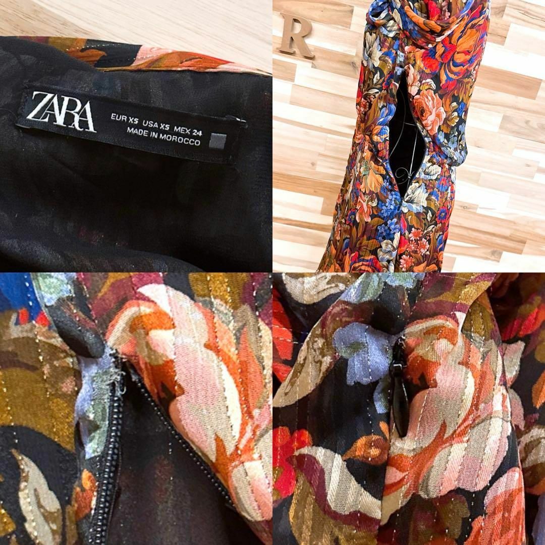 ZARA(ザラ)の【ザラ】タイ付き ラメ糸ストライプ シフォン ワンピース 花柄 総柄 XS赤×青 レディースのワンピース(ひざ丈ワンピース)の商品写真