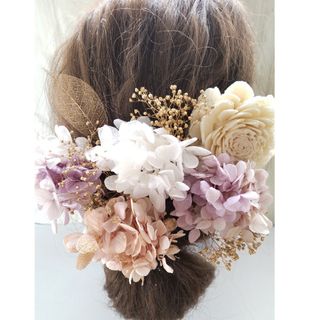 パープルピンクゴールド♪髪飾り♪ヘッドドレス♪ドライフラワー♪結婚式♪成人式(ヘアアクセサリー)