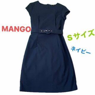 マンゴ(MANGO)のMANGO 半袖ワンピース　ネイビー　Sサイズ　ひざ丈ワンピース(ひざ丈ワンピース)